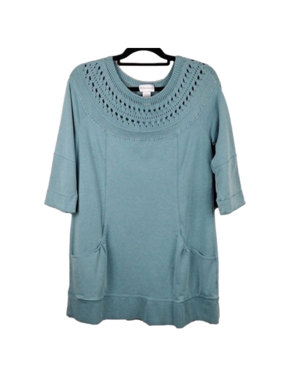 Soft Surroundings Teal Crochet Crew Neck 3/4 Sleeve Pullover Mini Shift Dress